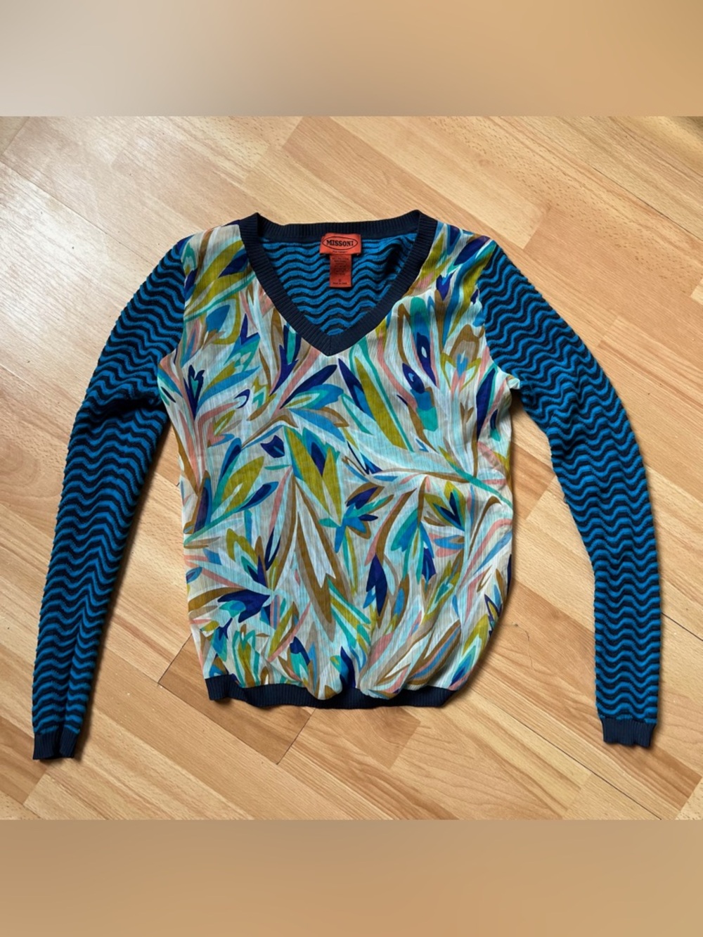 Missoni for Target V-Neck Leaf Print Sweater in Teal, Blue, Olive, Cream